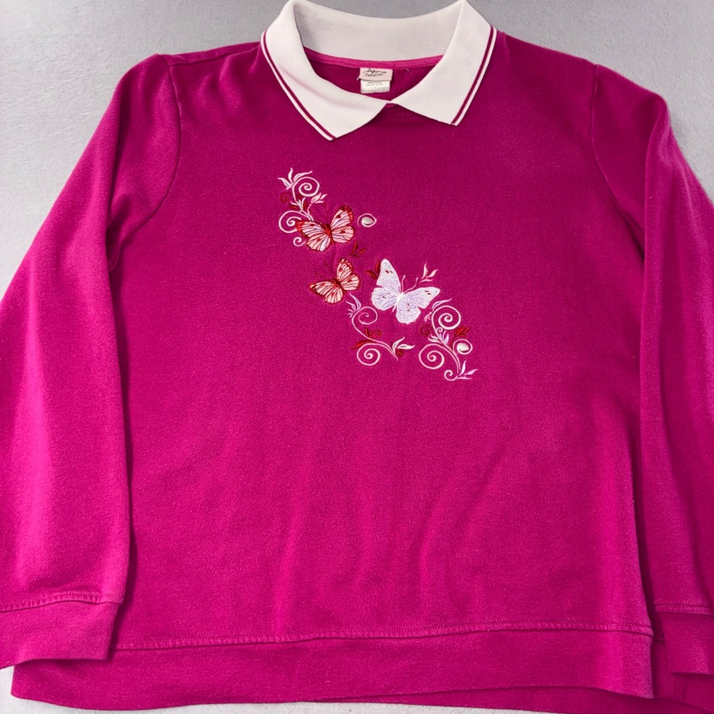 Adrian Delafield Sweatshirt Womens L Pink Butterfly Embroidered Polo Collar Top